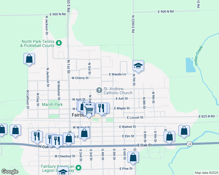 map of restaurants, bars, coffee shops, grocery stores, and more near 210 East Hickory Street in Fairbury