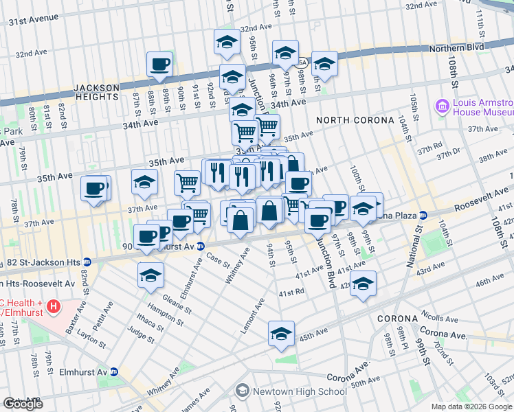 map of restaurants, bars, coffee shops, grocery stores, and more near 3708 Junction Boulevard in Queens