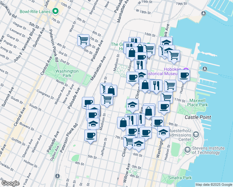 map of restaurants, bars, coffee shops, grocery stores, and more near 1024 Adams Street in Hoboken