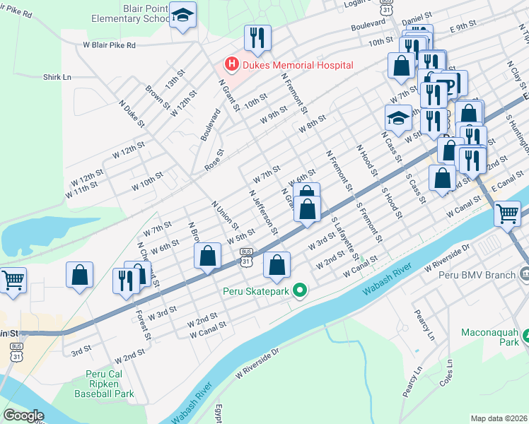 map of restaurants, bars, coffee shops, grocery stores, and more near 75 North Jefferson Street in Peru