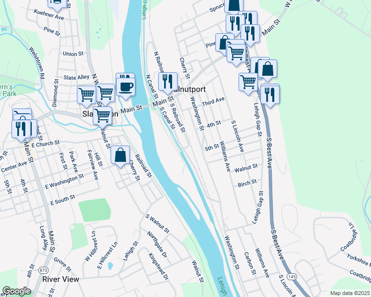 map of restaurants, bars, coffee shops, grocery stores, and more near 429 South Canal Street in Walnutport