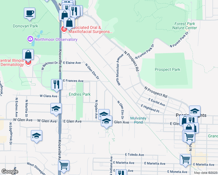 map of restaurants, bars, coffee shops, grocery stores, and more near 5122 North Glen Elm Drive in Peoria Heights