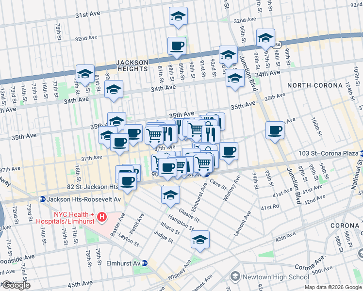 map of restaurants, bars, coffee shops, grocery stores, and more near 37th Ave & 88th St in Queens
