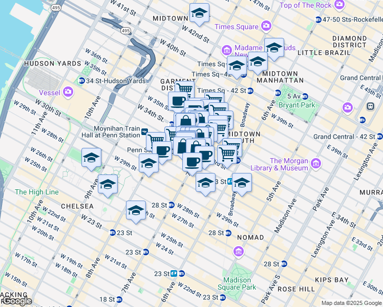 map of restaurants, bars, coffee shops, grocery stores, and more near 232 West 33rd Street in New York