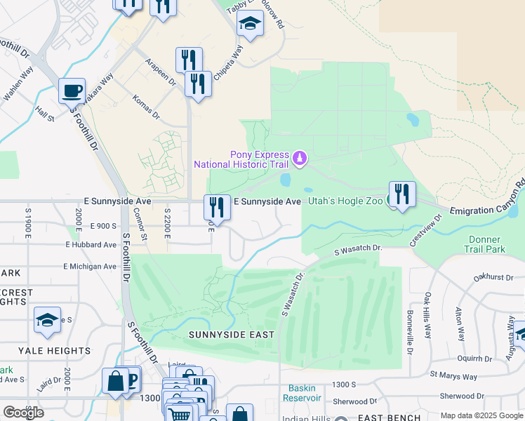 map of restaurants, bars, coffee shops, grocery stores, and more near 2400 Sunnyside Avenue South in Salt Lake City