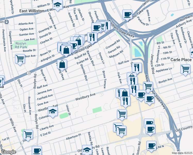 map of restaurants, bars, coffee shops, grocery stores, and more near 243 Jerome Avenue in Mineola