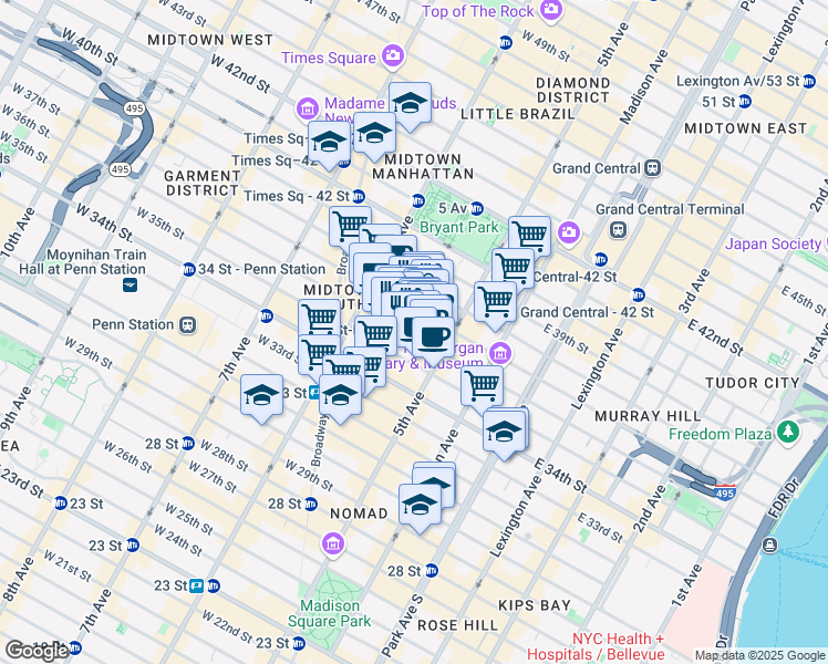 map of restaurants, bars, coffee shops, grocery stores, and more near 15 West 36th Street in New York