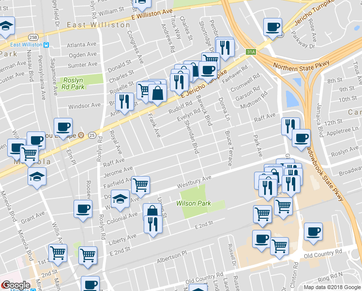 map of restaurants, bars, coffee shops, grocery stores, and more near 205 Raff Avenue in Mineola