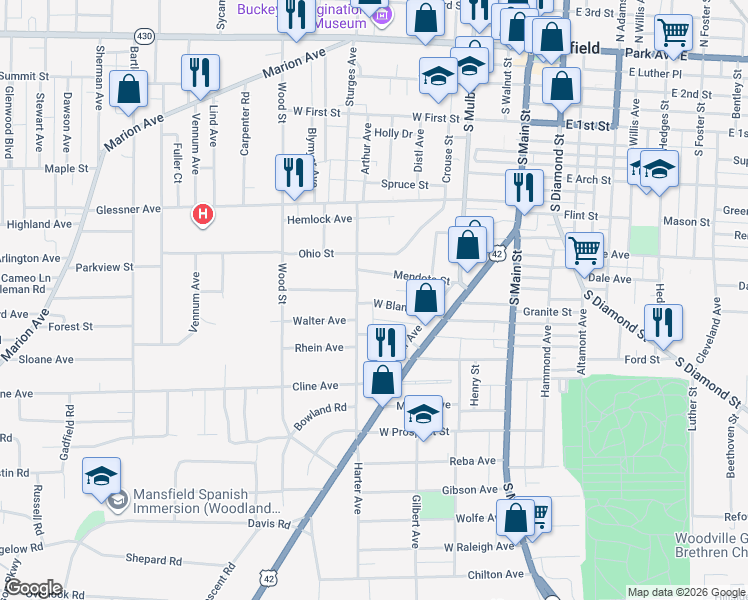 map of restaurants, bars, coffee shops, grocery stores, and more near 164 West Blanche Street in Mansfield