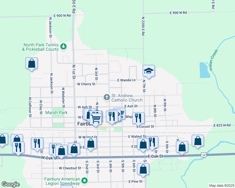 map of restaurants, bars, coffee shops, grocery stores, and more near 210 East Hickory Street in Fairbury