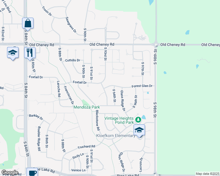 map of restaurants, bars, coffee shops, grocery stores, and more near 9321 Forest Glen Drive in Lincoln