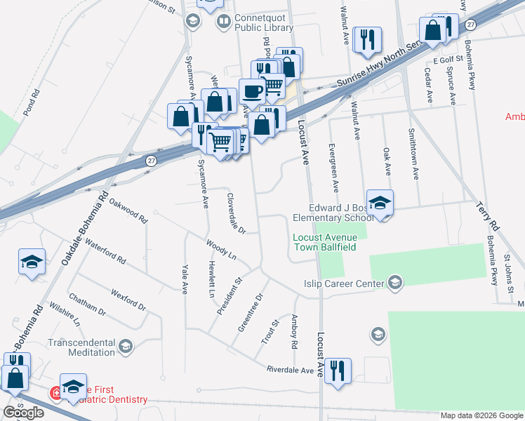 map of restaurants, bars, coffee shops, grocery stores, and more near 520 Ocean Avenue in Oakdale