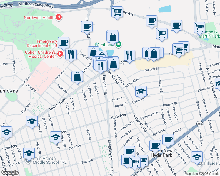 map of restaurants, bars, coffee shops, grocery stores, and more near 2003 Stewart Avenue in New Hyde Park