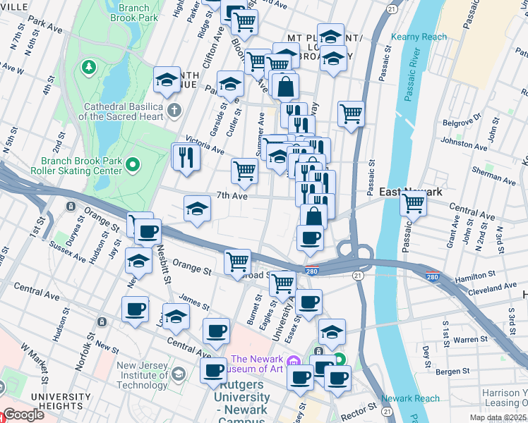map of restaurants, bars, coffee shops, grocery stores, and more near 123 Doctor Martin Luther King Junior Boulevard in Newark