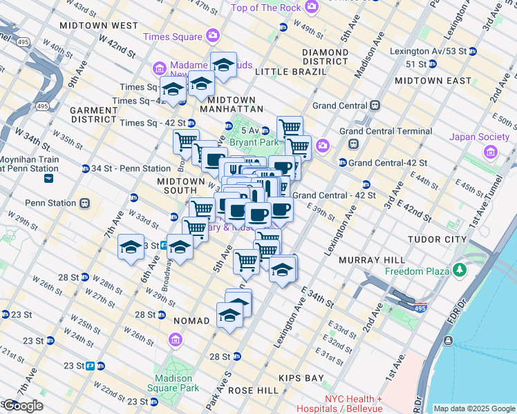 map of restaurants, bars, coffee shops, grocery stores, and more near 2 West 38th Street in New York