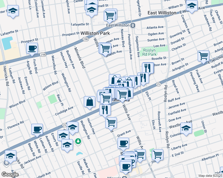 map of restaurants, bars, coffee shops, grocery stores, and more near 185 Linden Road in Mineola