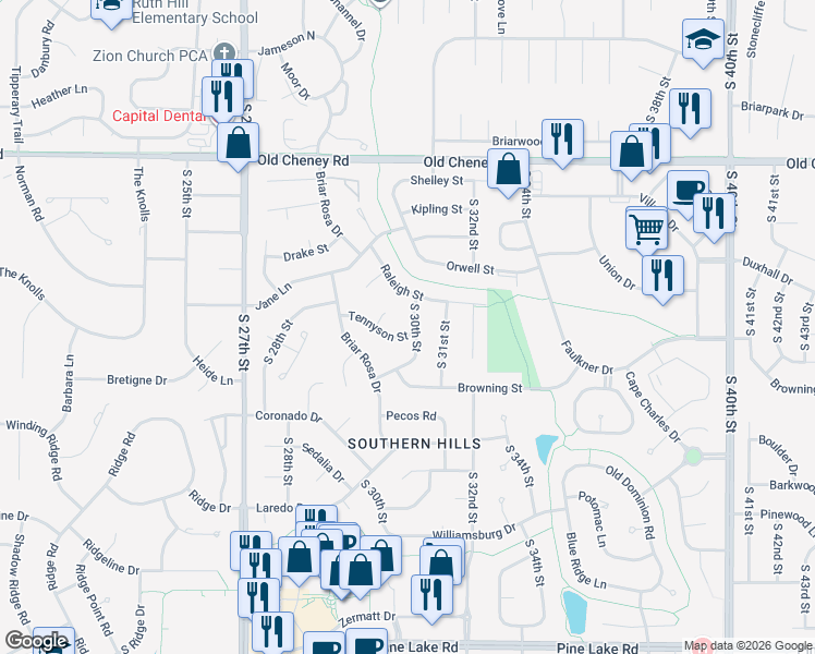 map of restaurants, bars, coffee shops, grocery stores, and more near 6120 Tennyson Circle in Lincoln