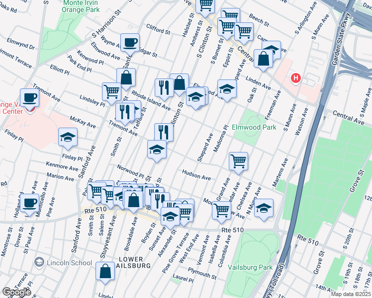 map of restaurants, bars, coffee shops, grocery stores, and more near 217 Eppirt Street in East Orange