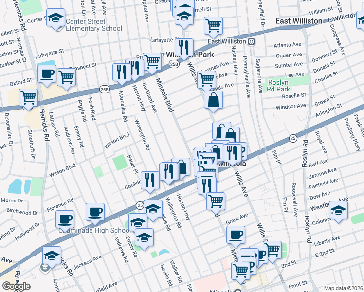 map of restaurants, bars, coffee shops, grocery stores, and more near 347 Mineola Boulevard in Mineola