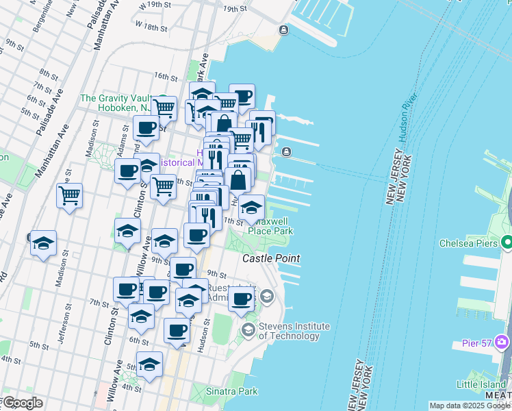 map of restaurants, bars, coffee shops, grocery stores, and more near 1125 Maxwell Lane in Hoboken