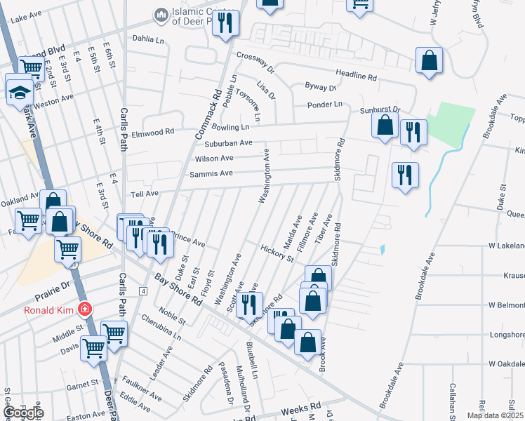 map of restaurants, bars, coffee shops, grocery stores, and more near 145 Washington Avenue in Deer Park