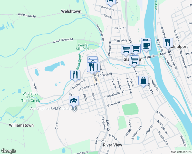 map of restaurants, bars, coffee shops, grocery stores, and more near 230 East Church Street in Slatington
