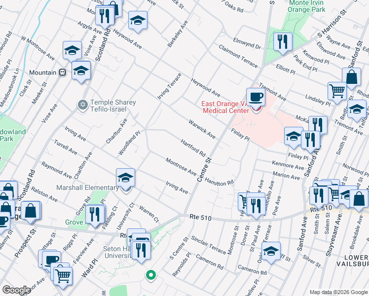 map of restaurants, bars, coffee shops, grocery stores, and more near 350 Hartford Road in South Orange