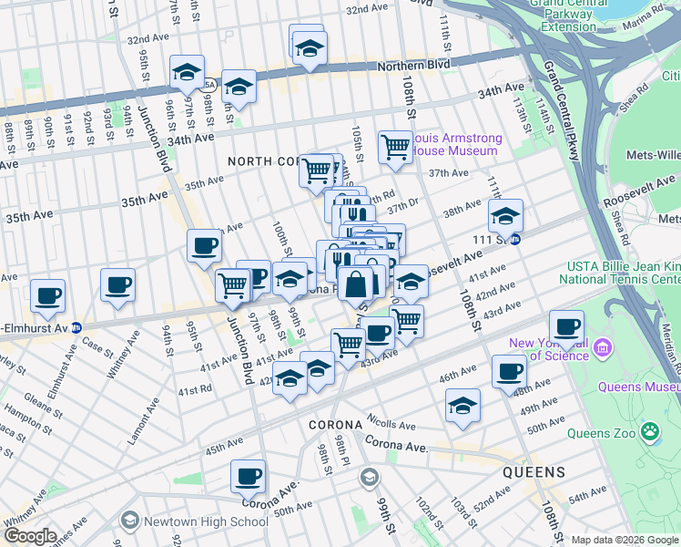 map of restaurants, bars, coffee shops, grocery stores, and more near 101-09 39th Avenue in Queens
