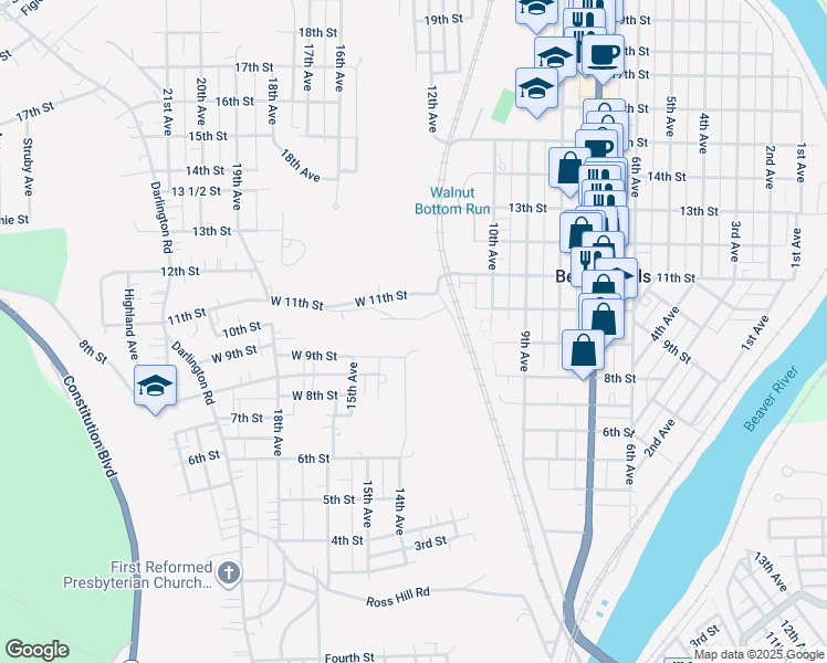 map of restaurants, bars, coffee shops, grocery stores, and more near 1213 10th Street in Beaver Falls