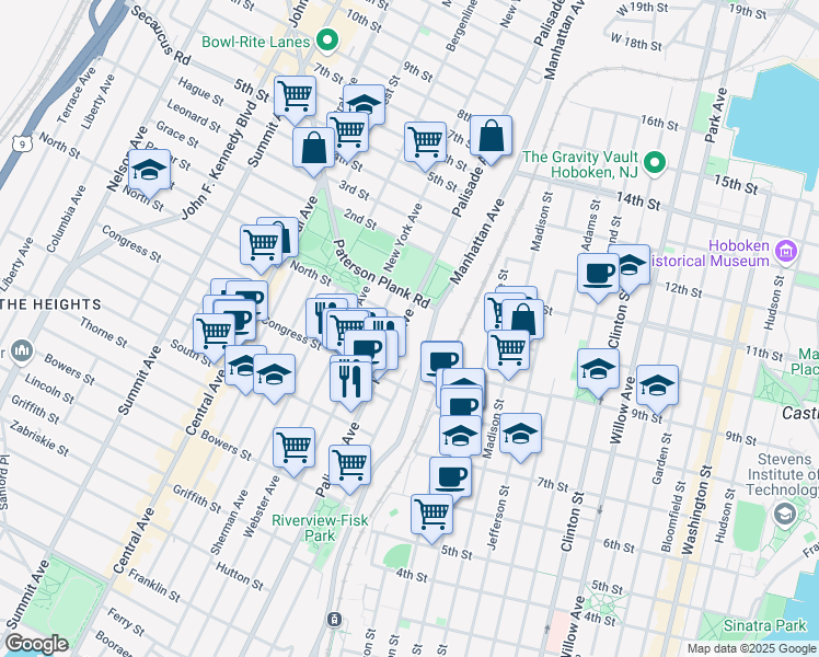map of restaurants, bars, coffee shops, grocery stores, and more near 644 Palisade Avenue in Jersey City