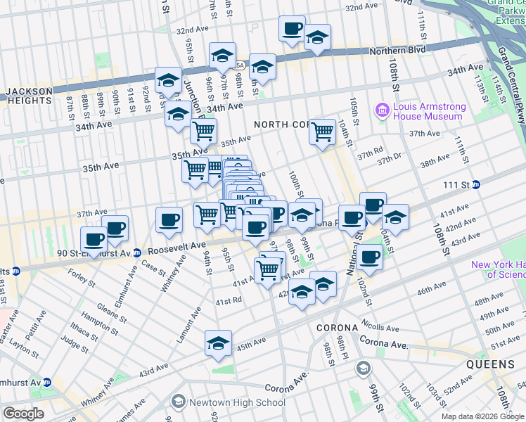 map of restaurants, bars, coffee shops, grocery stores, and more near 37-51 97th Street in Queens