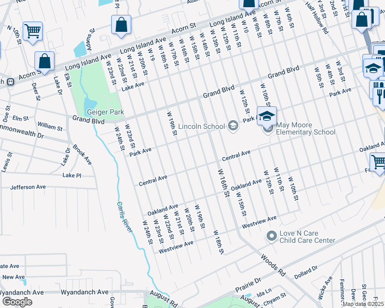 map of restaurants, bars, coffee shops, grocery stores, and more near West 18th Street in Deer Park