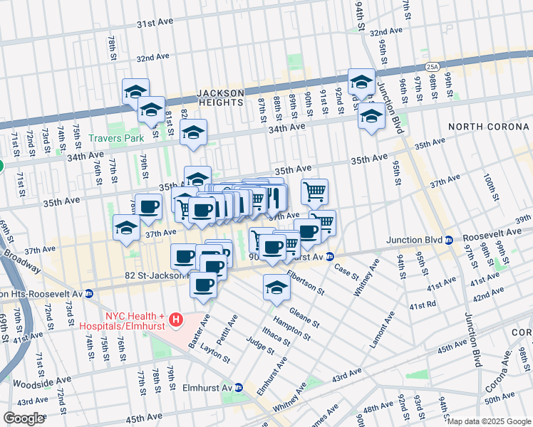 map of restaurants, bars, coffee shops, grocery stores, and more near 85-15 37th Avenue in Queens