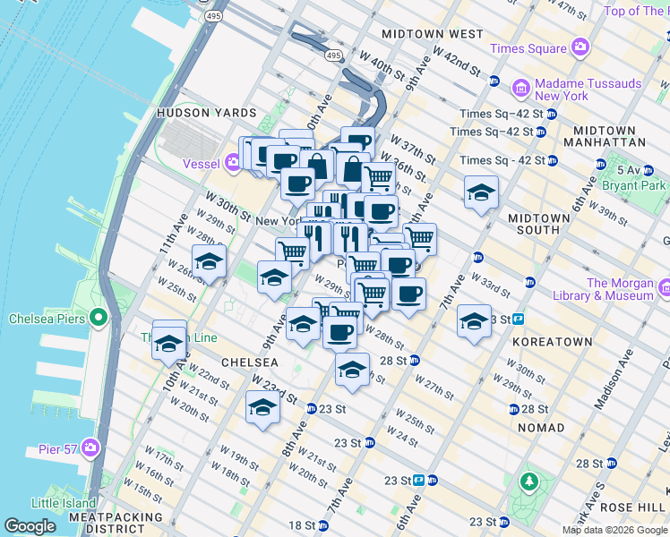 map of restaurants, bars, coffee shops, grocery stores, and more near 370 West 30th Street in New York