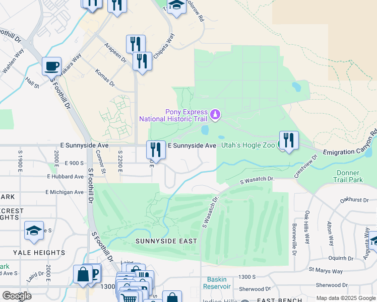 map of restaurants, bars, coffee shops, grocery stores, and more near 2400 East Sunnyside Avenue in Salt Lake City