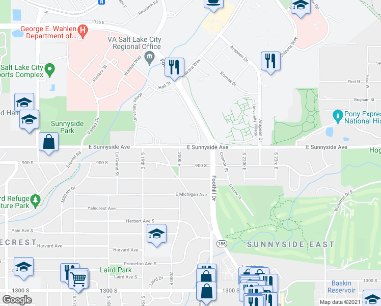 map of restaurants, bars, coffee shops, grocery stores, and more near 2034 Sunnyside Avenue South in Salt Lake City