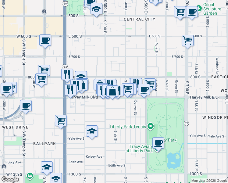 map of restaurants, bars, coffee shops, grocery stores, and more near 859 South 300 East in Salt Lake City