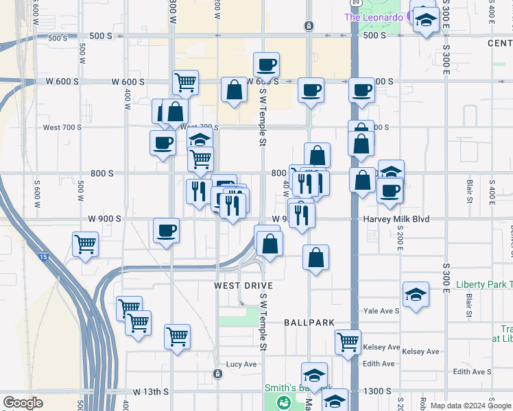 map of restaurants, bars, coffee shops, grocery stores, and more near in Salt Lake City