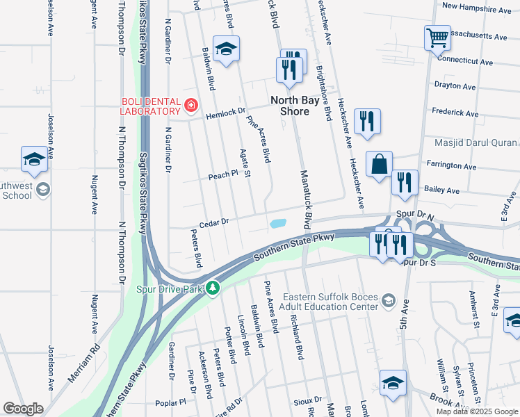 map of restaurants, bars, coffee shops, grocery stores, and more near 1522 Agate Street in Bay Shore