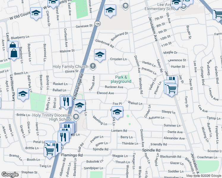 map of restaurants, bars, coffee shops, grocery stores, and more near 22 Buckner Avenue in Hicksville