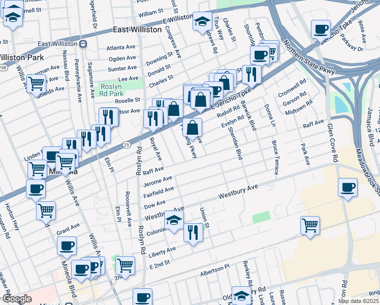 map of restaurants, bars, coffee shops, grocery stores, and more near 207 Pershing Parkway in Mineola
