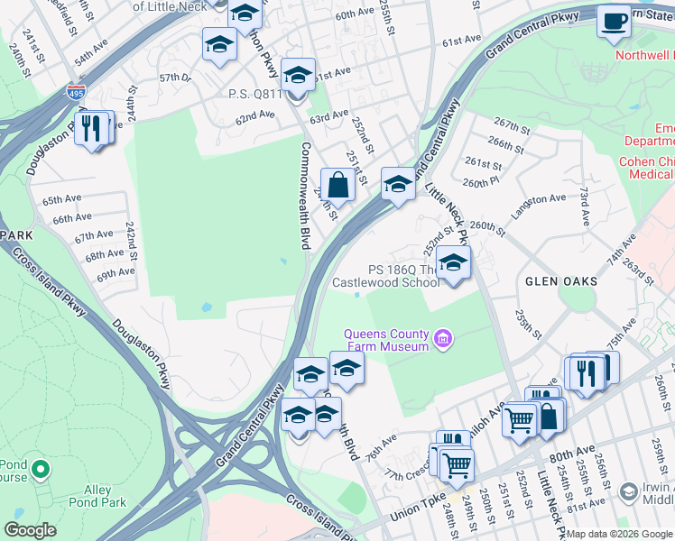 map of restaurants, bars, coffee shops, grocery stores, and more near 245-10 Grand Central Parkway in Queens