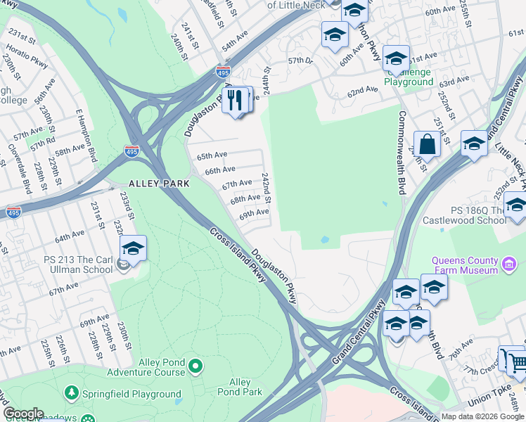 map of restaurants, bars, coffee shops, grocery stores, and more near 240-51 69th Avenue in Queens