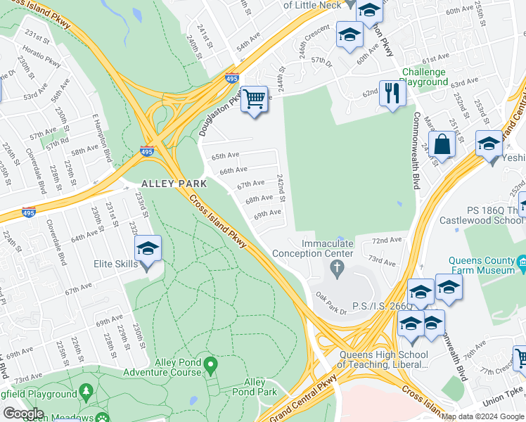 map of restaurants, bars, coffee shops, grocery stores, and more near 240-18 68th Avenue in Queens
