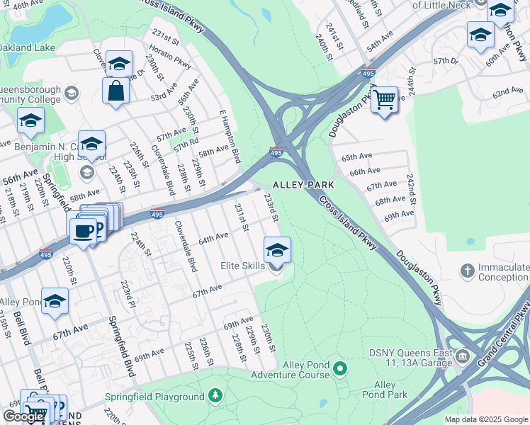 map of restaurants, bars, coffee shops, grocery stores, and more near 61-39 232nd Street in Queens