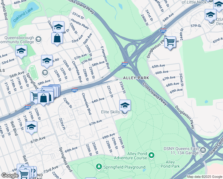 map of restaurants, bars, coffee shops, grocery stores, and more near 61-26 231st Street in Queens