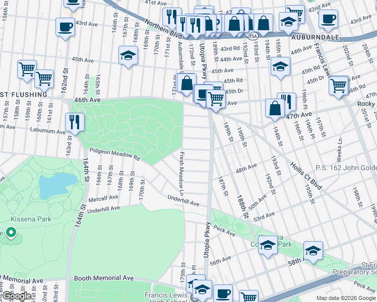 map of restaurants, bars, coffee shops, grocery stores, and more near 173-15 47th Avenue in Queens