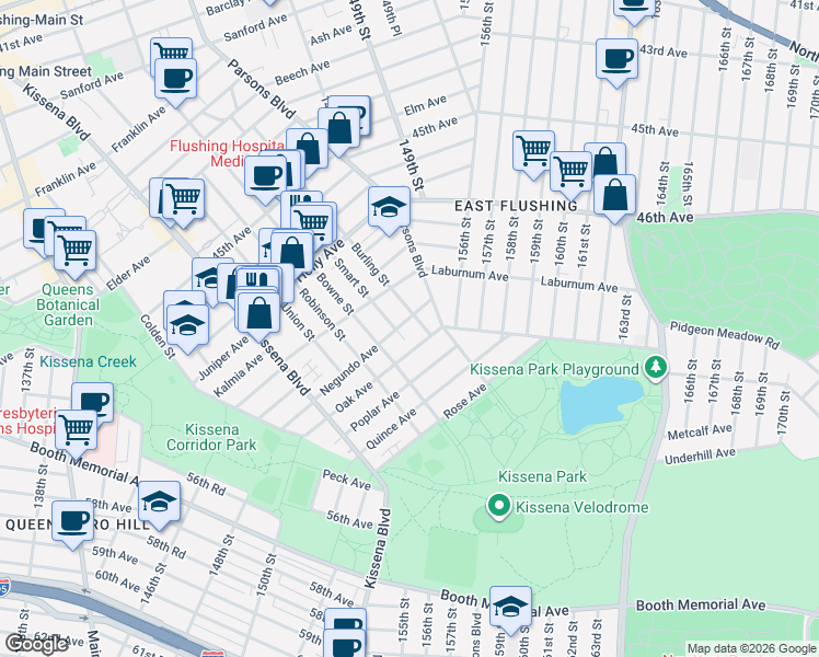map of restaurants, bars, coffee shops, grocery stores, and more near 143-19 Negundo Avenue in Queens