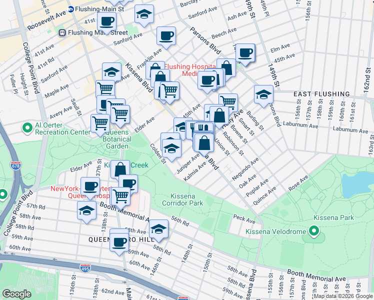 map of restaurants, bars, coffee shops, grocery stores, and more near in Queens