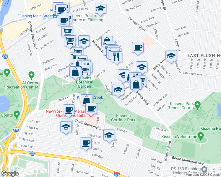 map of restaurants, bars, coffee shops, grocery stores, and more near 45-15 Colden Street in Queens
